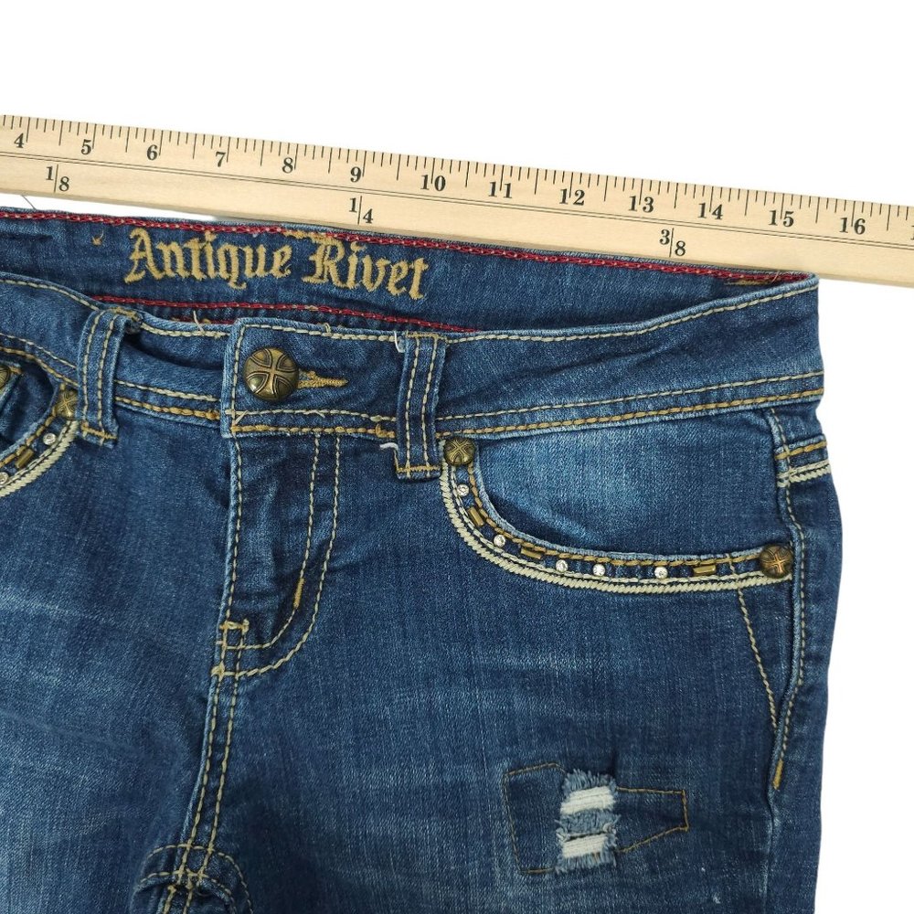 Antique Rivet Jeans BootCut Western Low Rise Sz 29 Rhinestone Stretch Distressed - Picture 6 of 14